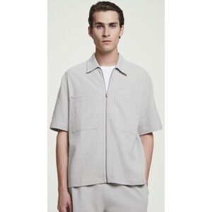 COS Seersucker Zip Up Shirt Mens S Light Gray Relaxed Fit Short Sleeve